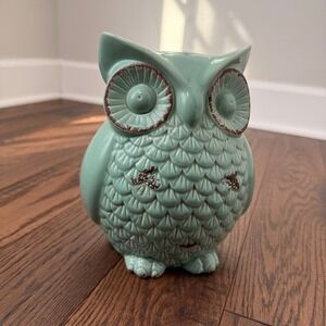 Owl Figurine Aqua Glazed Ceramic Cottage Coastal Shelf Decor Distressed Finish